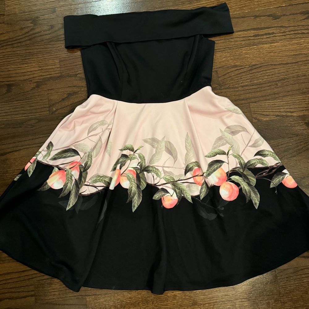 Ted Baker - Black Tekeya Peach Blossom Bardot Off-The-Shoulder Dress - Size 4